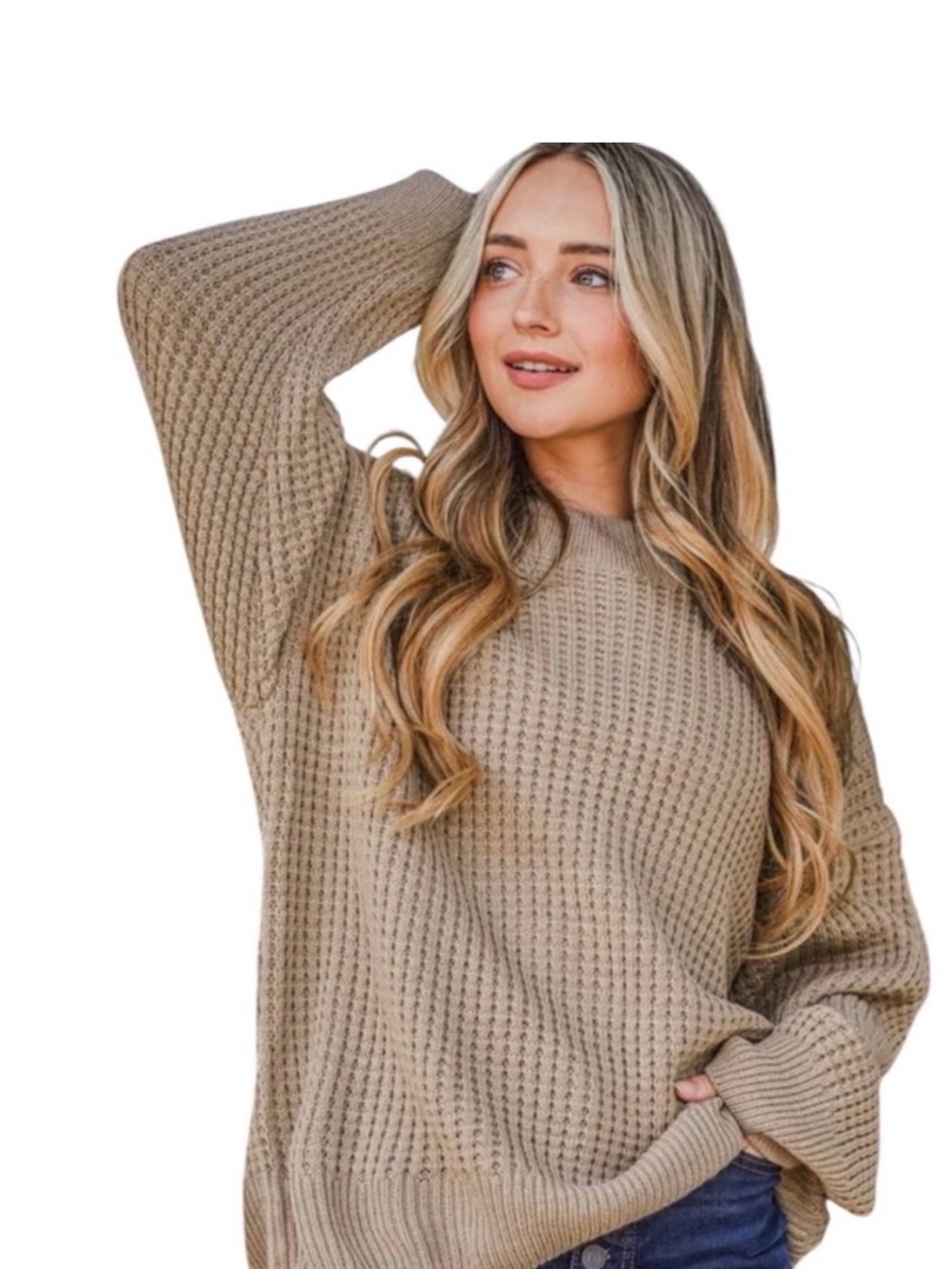 And The Why Taupe Relaxed Waffle-Knit Crewneck Sweater